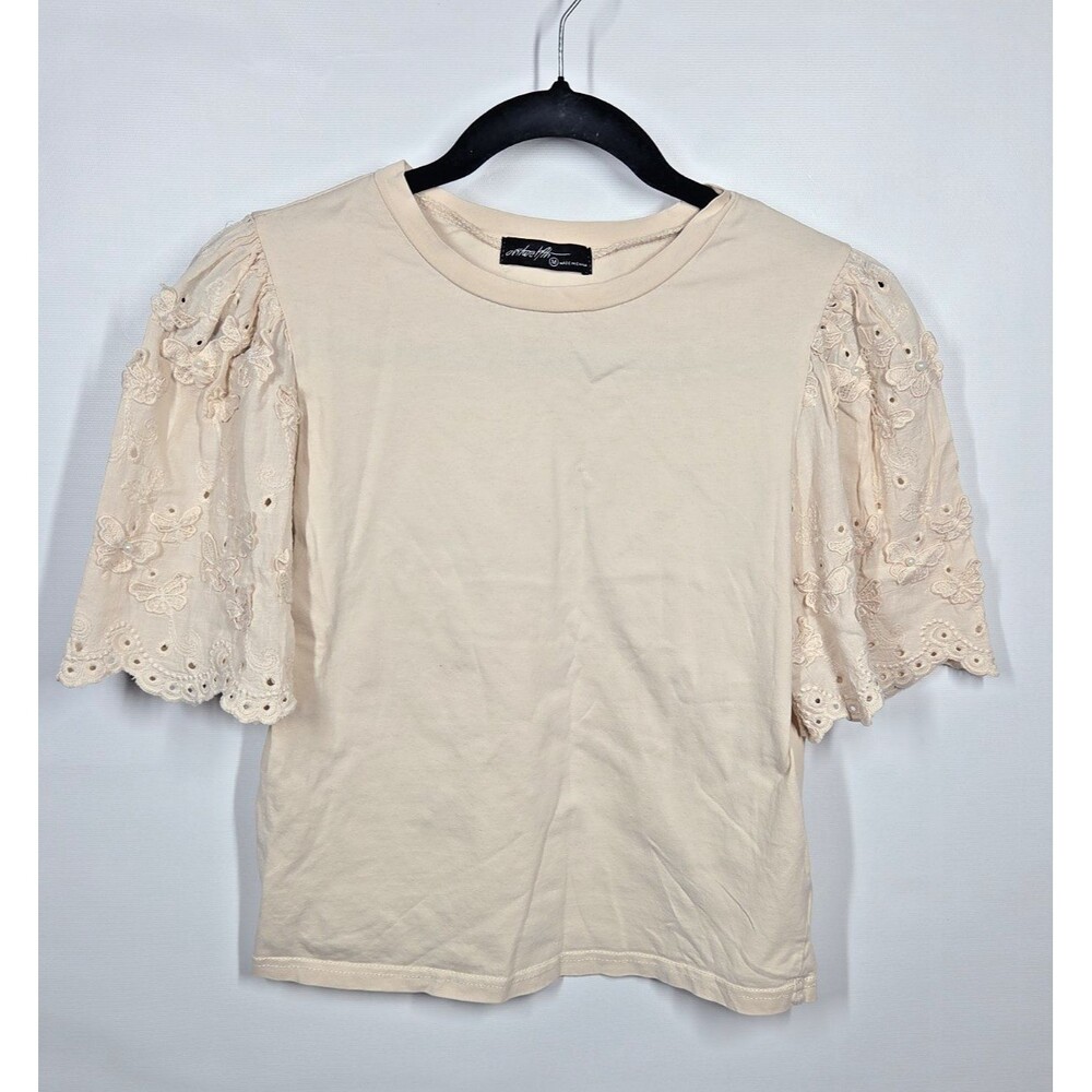 ON TWELTH BOXY NUDE COTTON SHORT SLEEVE T SHIRT MEDIUM EYELET PEARL EMBROIDERY